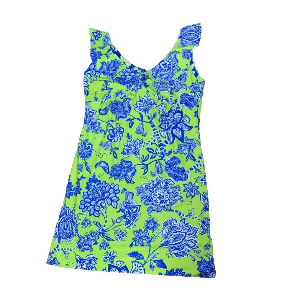 Gretchen Scott Designs Lime Green and Royal Blue Floral Midi Dress